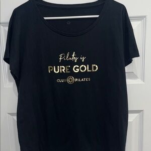 Club Pilates Black Short Sleeve Tee with Gold Writing & Signature Mandala